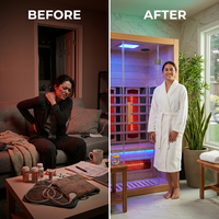Full Spectrum Infrared Sauna，1-2 Person Home Sauna，Wooden Canadian Hemlock Indoor Spa Sauna with Resonance Speaker, Panoramic Tempered Glass Door — Before & After