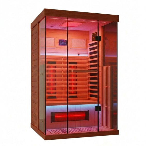 Full Spectrum Infrared Sauna，1-2 Person Home Sauna，Wooden Canadian Hemlock Indoor Spa Sauna with Resonance Speaker, Panoramic Tempered Glass Door — Studio Shot