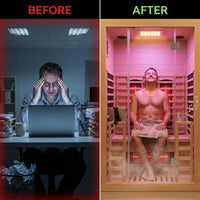 Multifunctional 2-3 Person Infrared Sauna for Home, 2180W Indoor Sauna with 7-Color LED Ambient Light, Red Light Feature, Oxygen Bar, Dual Bluetooth Speakers, 360° Surround Heating — Before & After